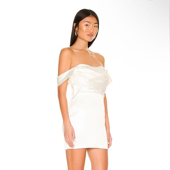 More To Come Bella Mini Dress white off shoulder satin party cocktail Revolve - Picture 2 of 9